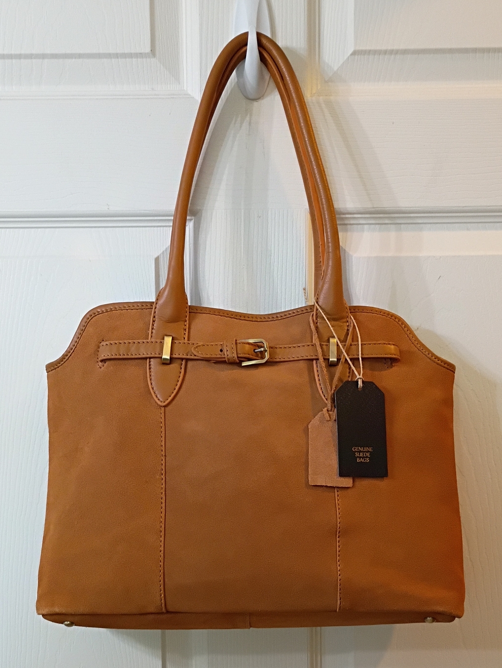 Leather Tote Handbag in Tan - Genuine Suede Accent